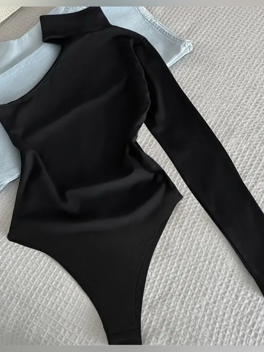 Black One Shoulder Bodysuit High Neck Long Sleeve Asymmetrical Sexy Top